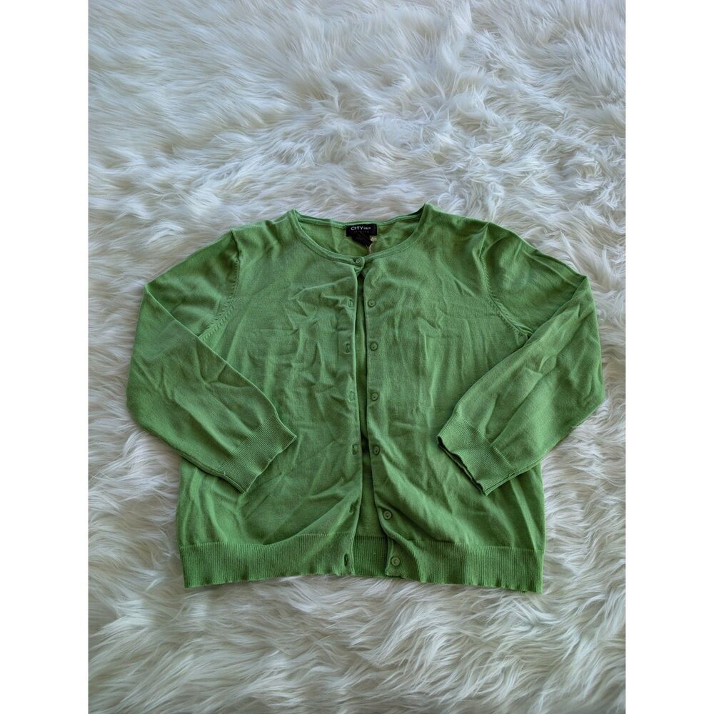 City Silk Apple Green Button-Front Cardigan Sweater, Size Medium